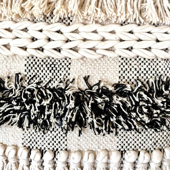 Contemporary Boho Woven Beige Dark Gray Tasseled Tufted 18" Throw Pillow Cover - Picture 3 of 5